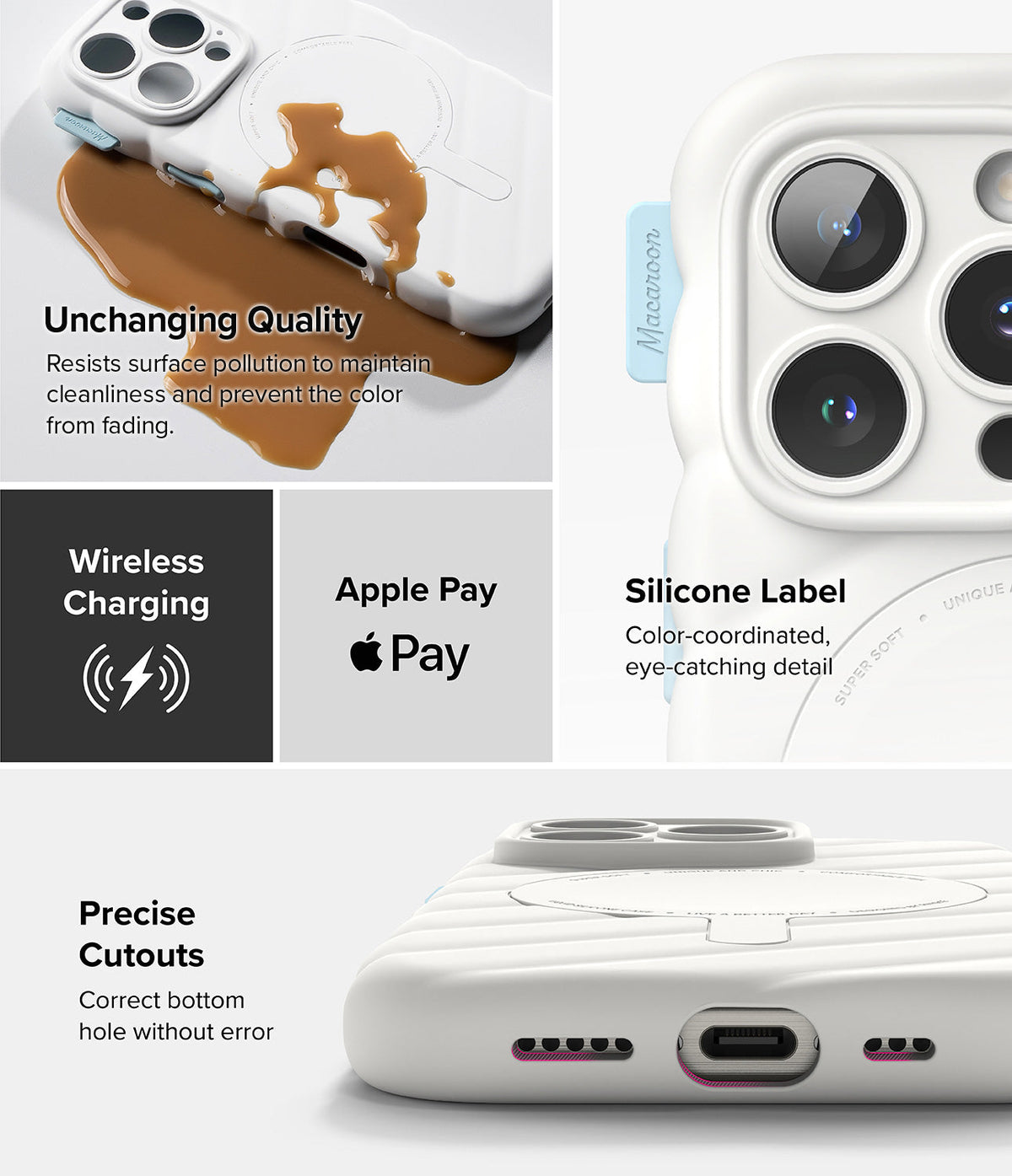 iPhone 16 Pro Case | Macaron Silicone Magnetic - White silicone case showing stain resistance, magnetic ring, and precise cutouts.