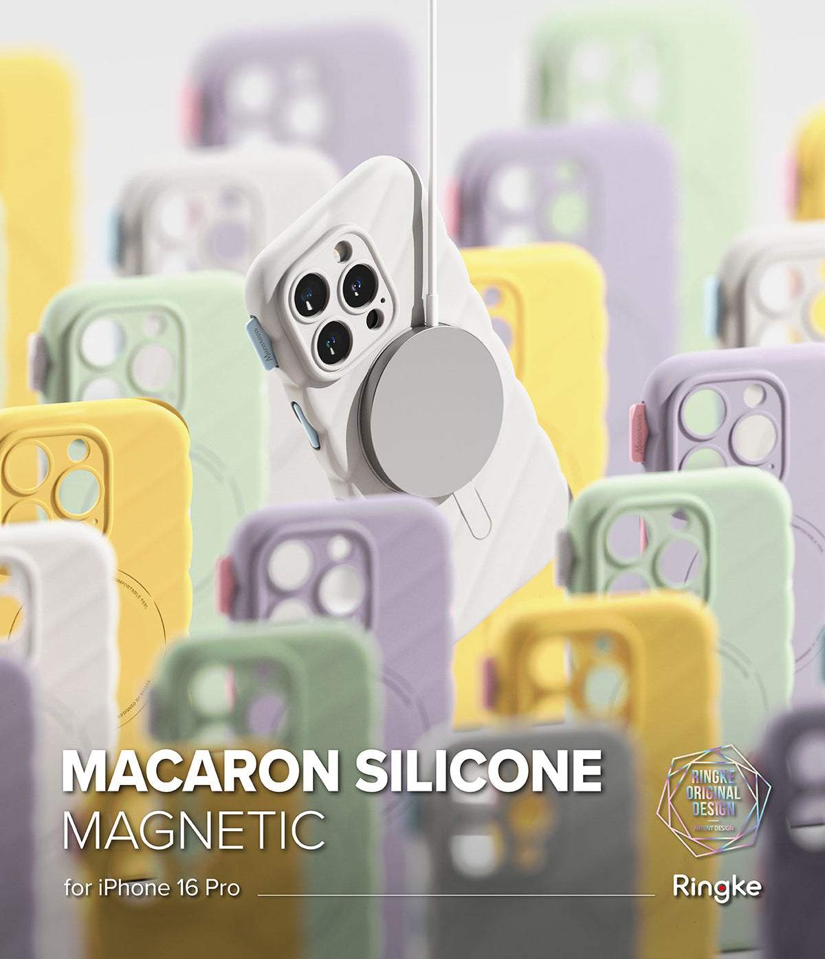 iPhone 16 Pro Case | Macaron Silicone Magnetic - White magnetic phone case surrounded by colorful pastel silicone cases.