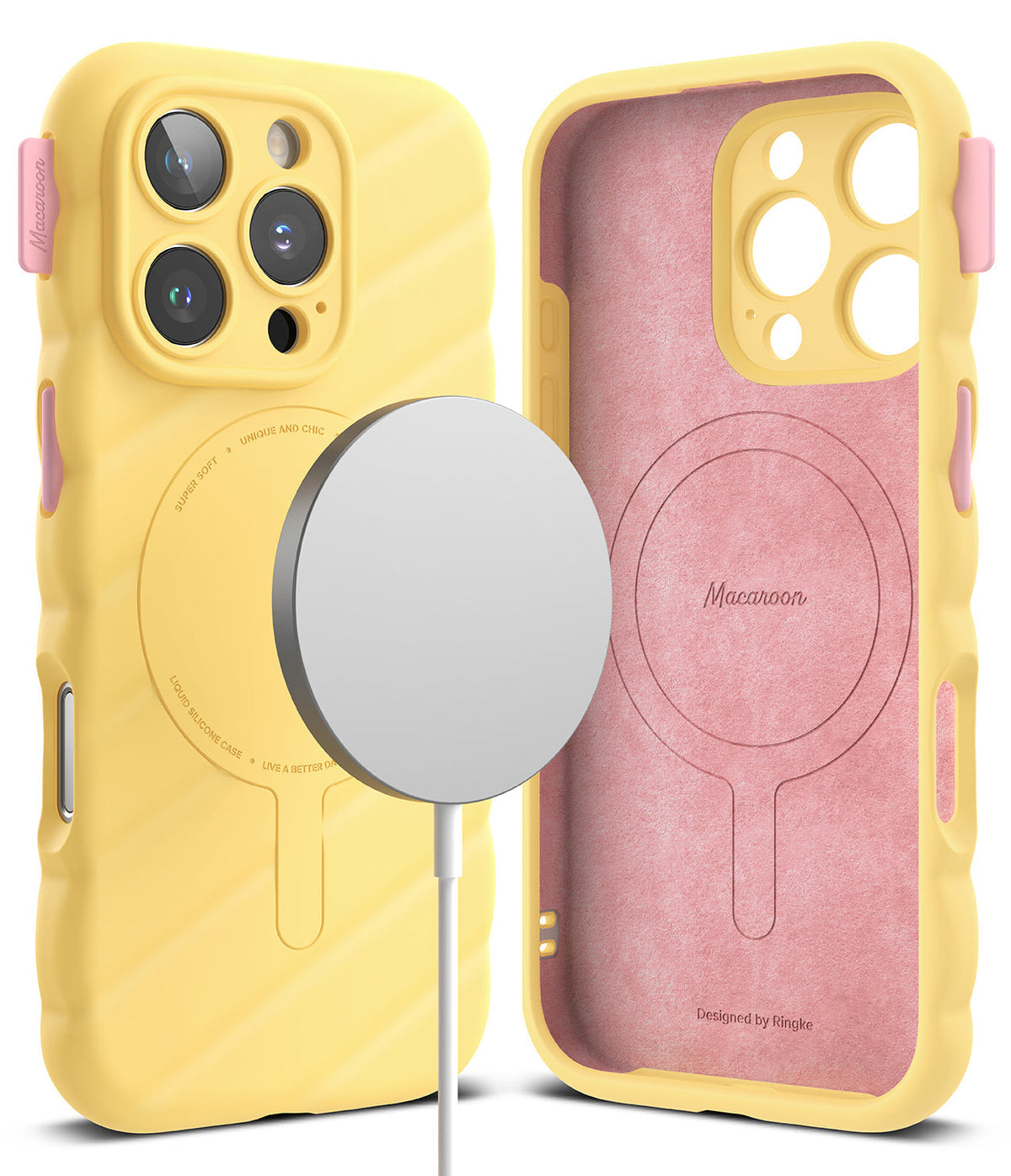 iPhone 16 Pro Case | Macaron Silicone Magnetic - Yellow wavy silicone case with magnetic charger and pink interior.