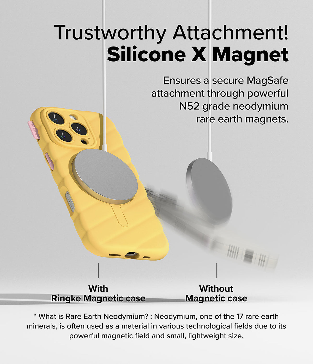 iPhone 16 Pro Case | Macaron Silicone Magnetic - Yellow silicone case with a magnetic charger attached vs. a falling one.
