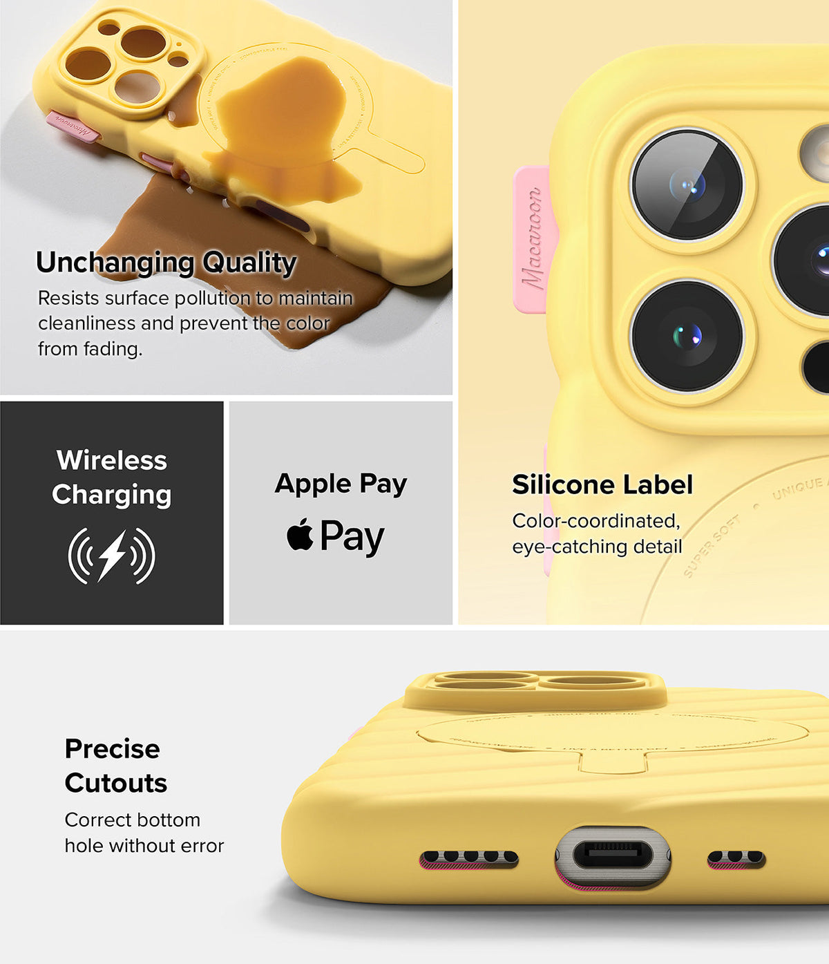 iPhone 16 Pro Case | Macaron Silicone Magnetic - Yellow silicone case showing magnetic ring, camera, and port cutouts.
