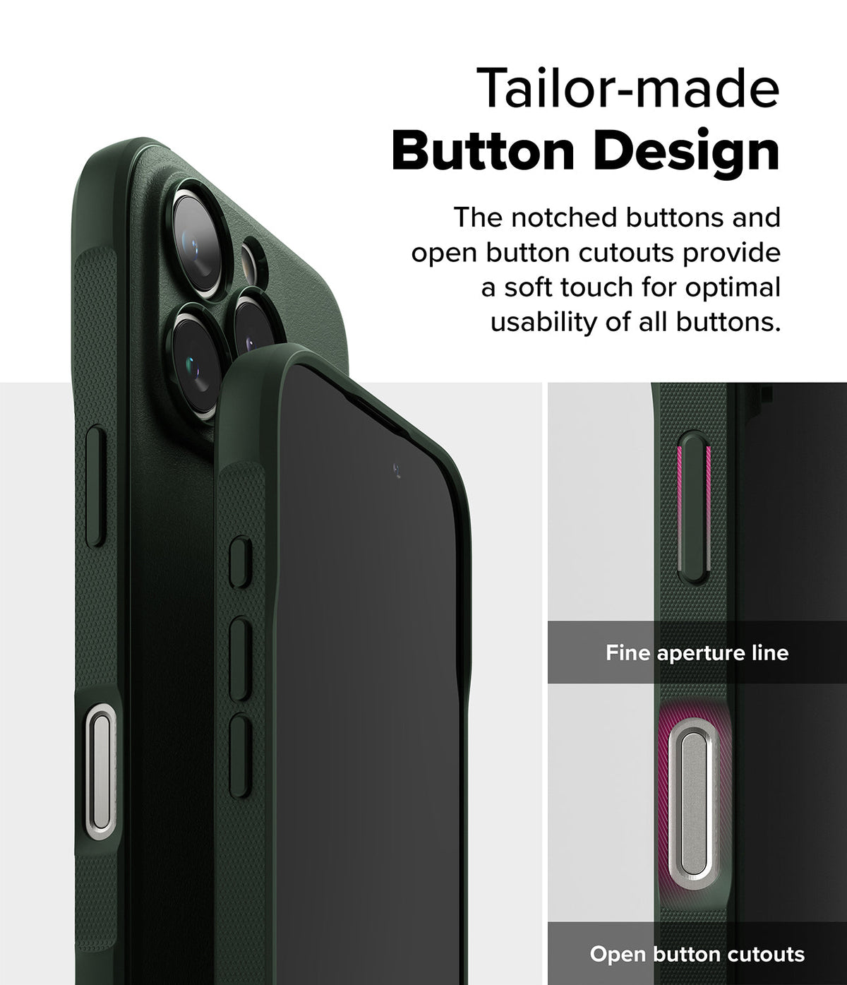iPhone 16 Pro Case | Onyx - Close-up of dark green phone case showing detailed button cutouts and tactile design features.