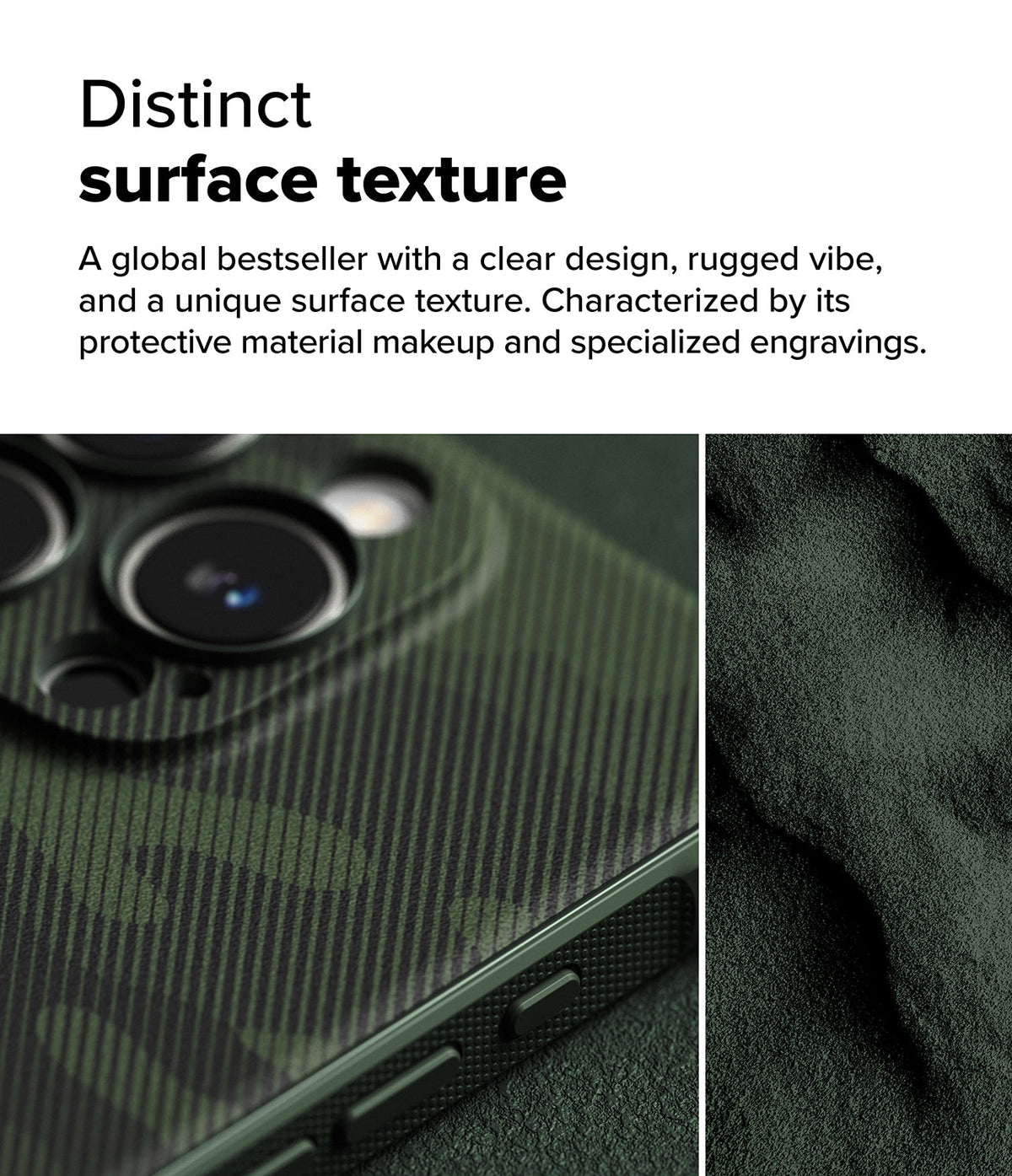 iPhone 16 Pro Case | Onyx - Close-up of a dark green phone case with diagonal engraved patterns and a rugged, textured surface.