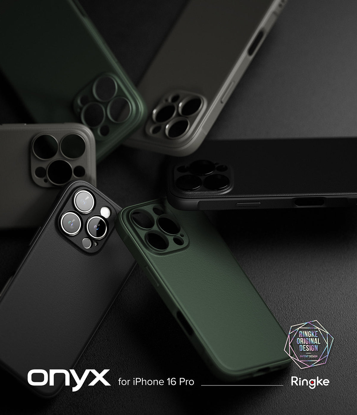 iPhone 16 Pro Case | Onyx - Multiple iPhone 16 Pro cases in black and dark green arranged on a dark textured surface.