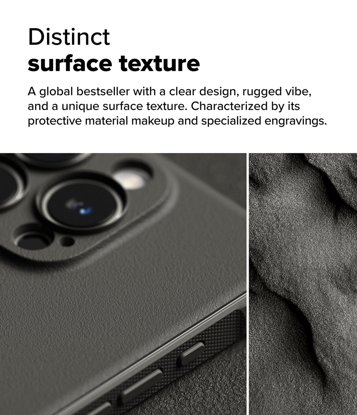 iPhone 16 Pro Case | Onyx - Close-up of a black phone case with a textured grip and a side-by-side view of its rugged surface.