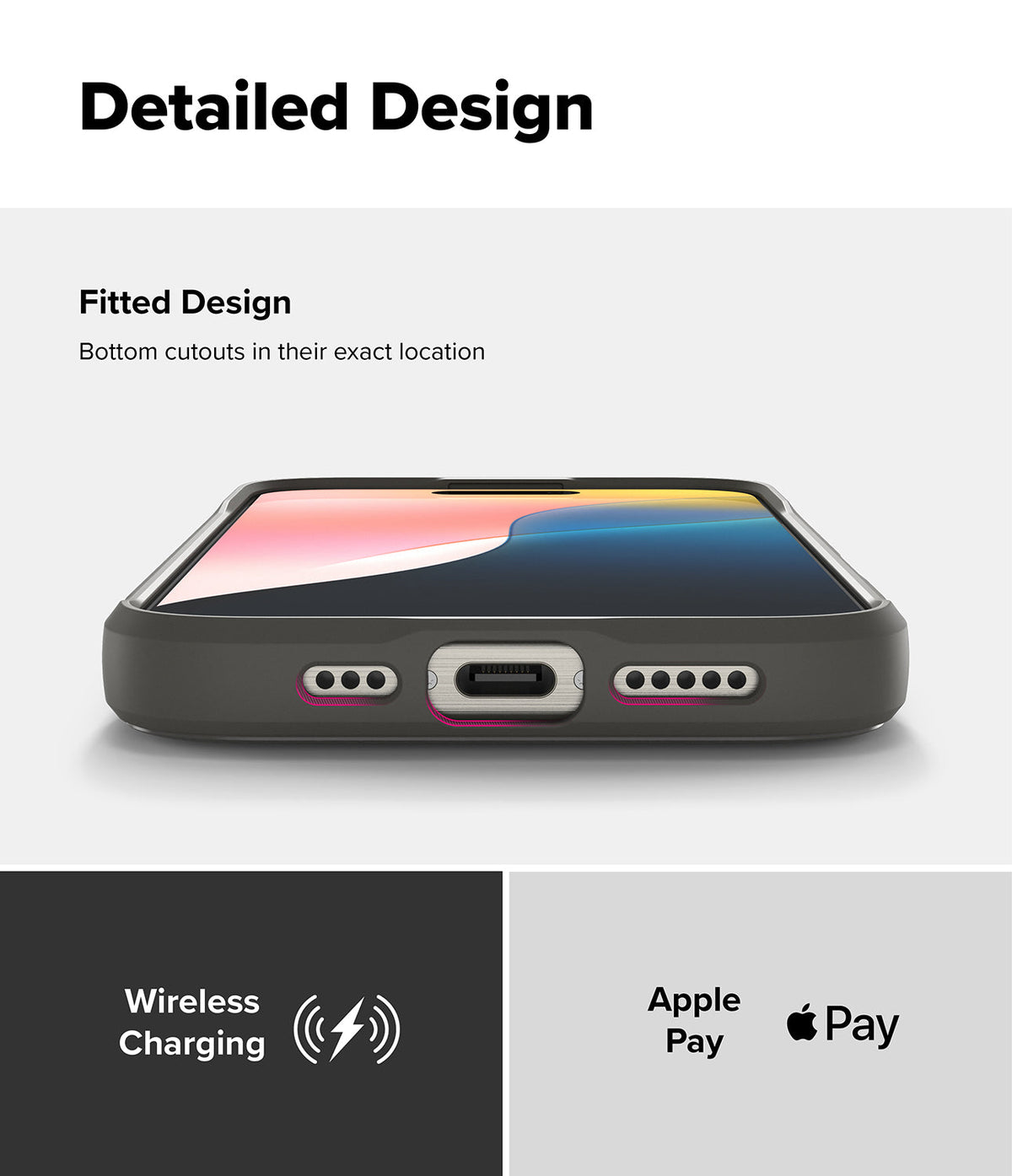 iPhone 16 Pro Case | Onyx - Close-up of phone case bottom showing precise cutouts for charging port and speakers.