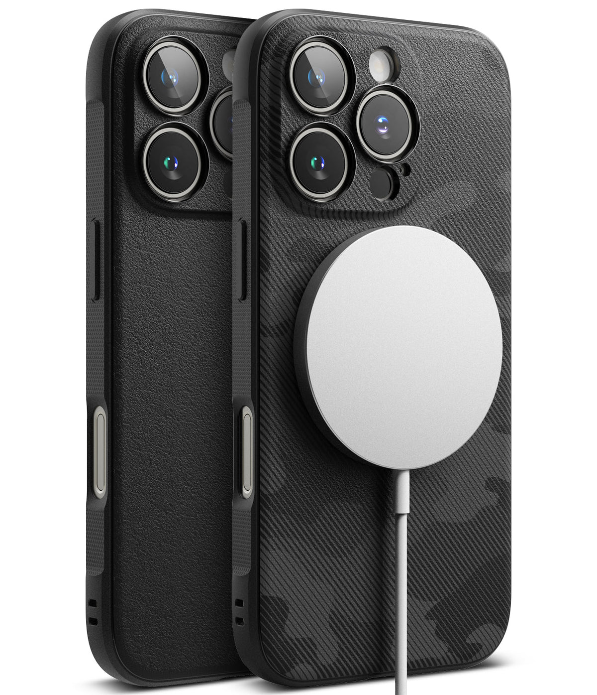 iPhone 16 Pro Case | Onyx Magnetic - Two black textured cases with camera cutouts, one featuring a white magnetic charger.