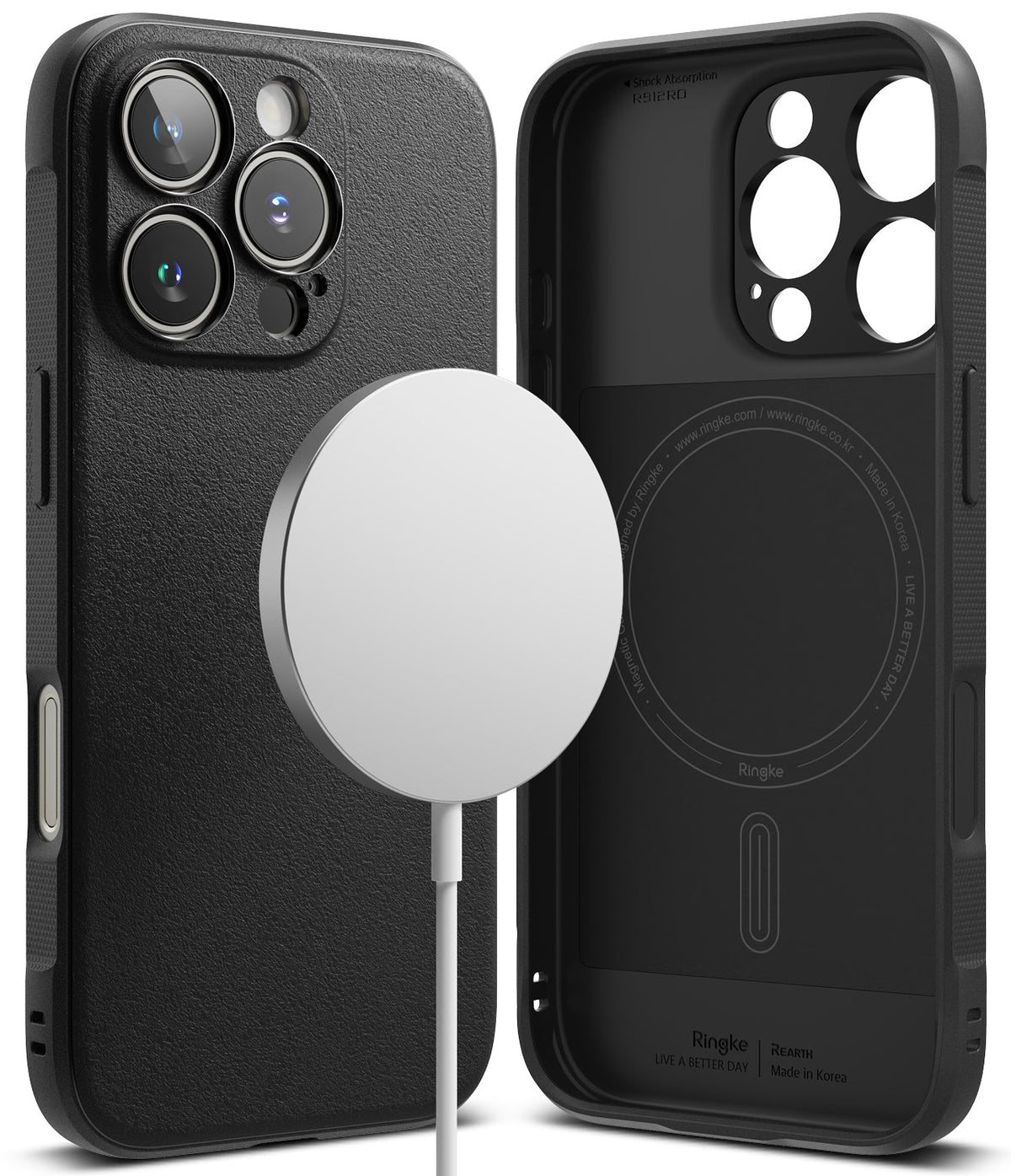 iPhone 16 Pro Case | Onyx Magnetic - Black textured phone case with magnetic charger and interior view showing branding.