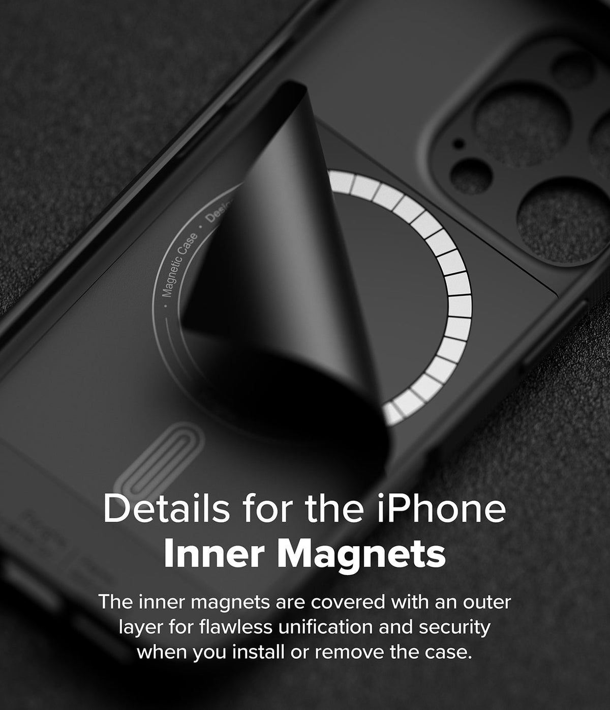 iPhone 16 Pro Case | Onyx Magnetic - A black phone case with a magnetic ring partially peeled back to reveal inner magnets.