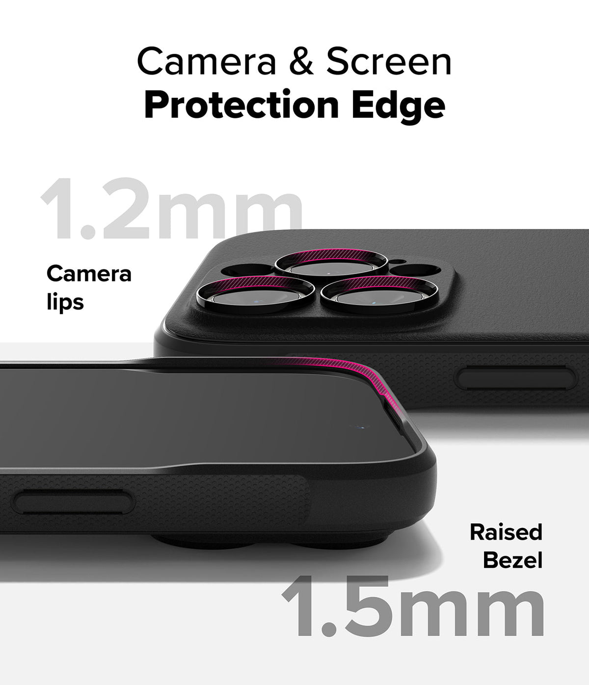 iPhone 16 Pro Case | Onyx Magnetic - Close-up showing 1.2mm camera lips and 1.5mm raised screen bezel for protection.