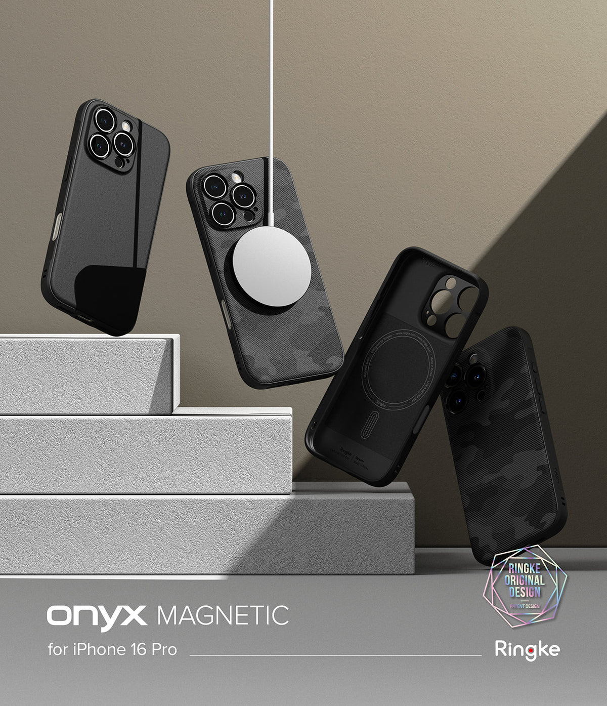 iPhone 16 Pro Case | Onyx Magnetic - Four black Onyx magnetic phone cases floating above stone steps with a MagSafe charger.