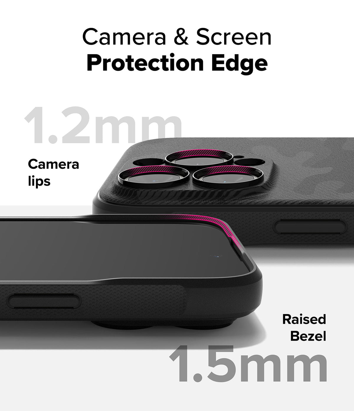 iPhone 16 Pro Case | Onyx Magnetic - Close-up showing 1.2mm camera lips and 1.5mm raised screen bezel for protection.
