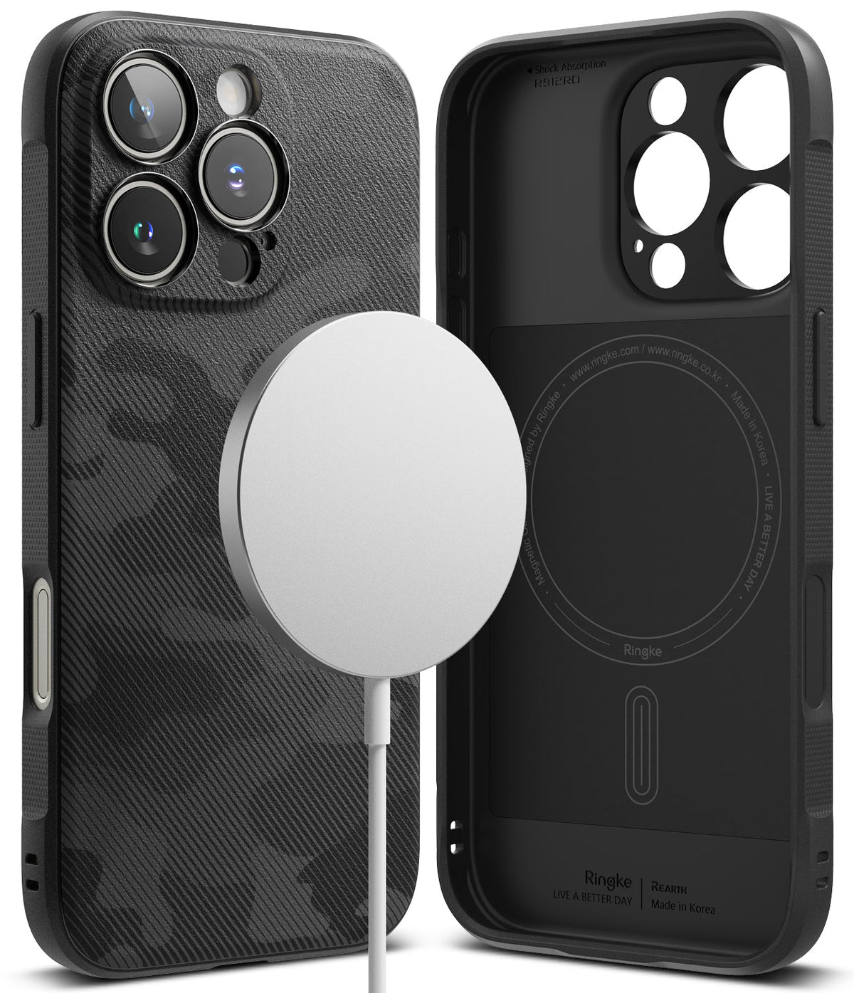 iPhone 16 Pro Case | Onyx Magnetic - Black textured camo phone case shown from back and inside with a magnetic charger.