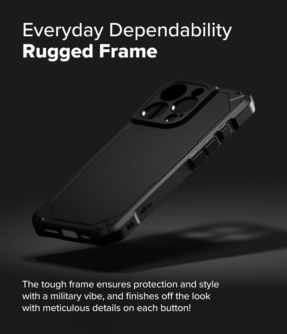 iPhone 16 Pro Case | Rugged Gear - Black rugged phone case with textured back and detailed side buttons on a dark background.