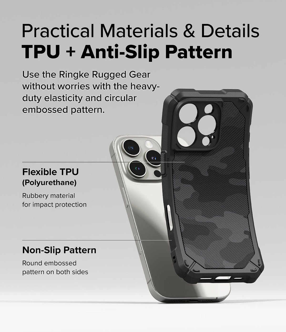 iPhone 16 Pro Case | Rugged Gear - Black rugged case with camo pattern and TPU material shown next to an iPhone 16 Pro.