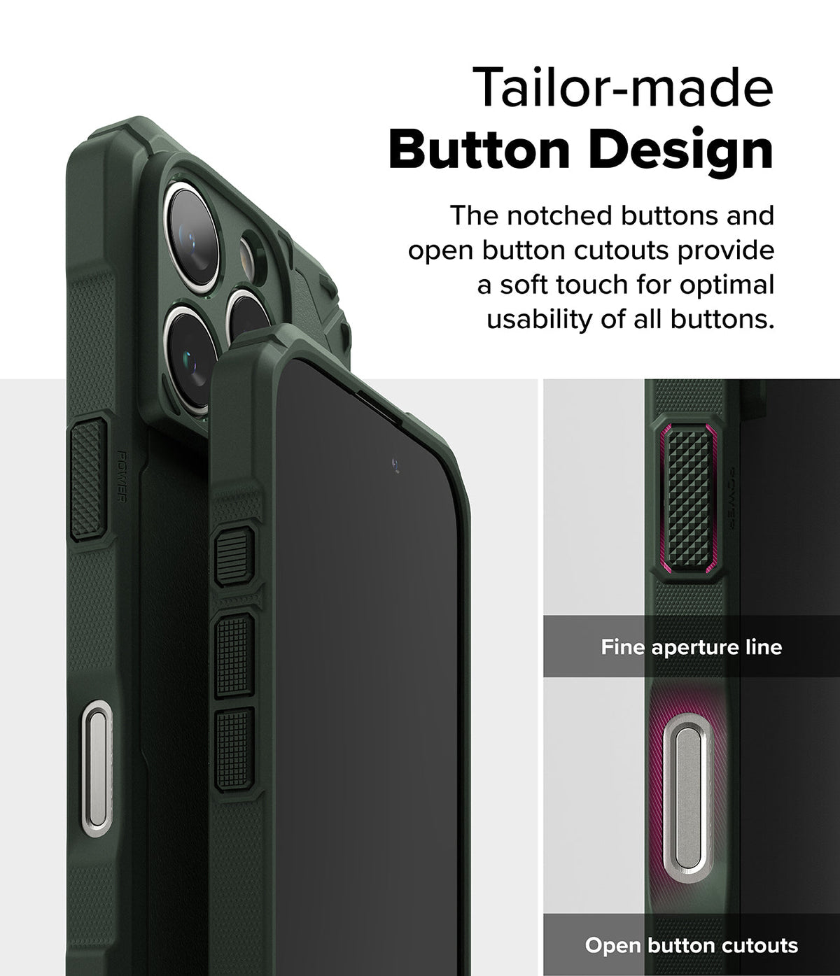 iPhone 16 Pro Case | Rugged Gear - Olive green phone case highlighting textured buttons and open cutouts for usability.