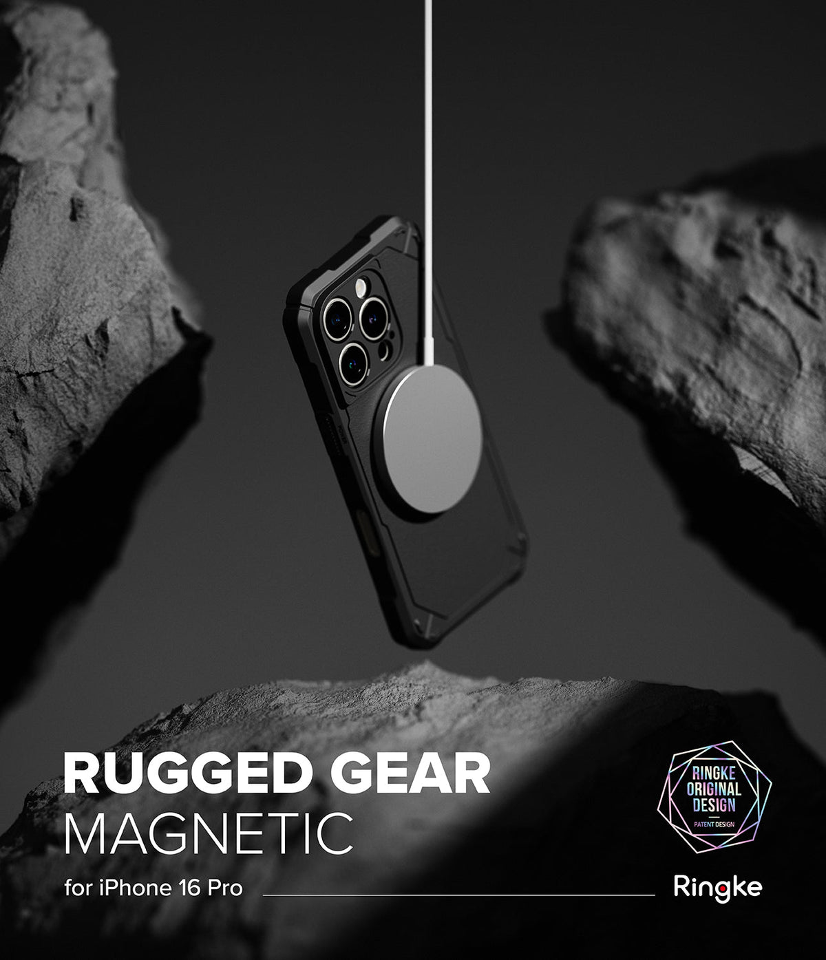 iPhone 16 Pro Case | Rugged Gear Magnetic - Black rugged phone case floating between rocks, attached to a magnetic charger.