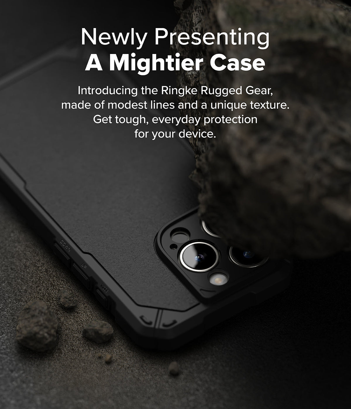 iPhone 16 Pro Case | Rugged Gear Magnetic - Black textured phone case with camera cutout next to a rough rock.