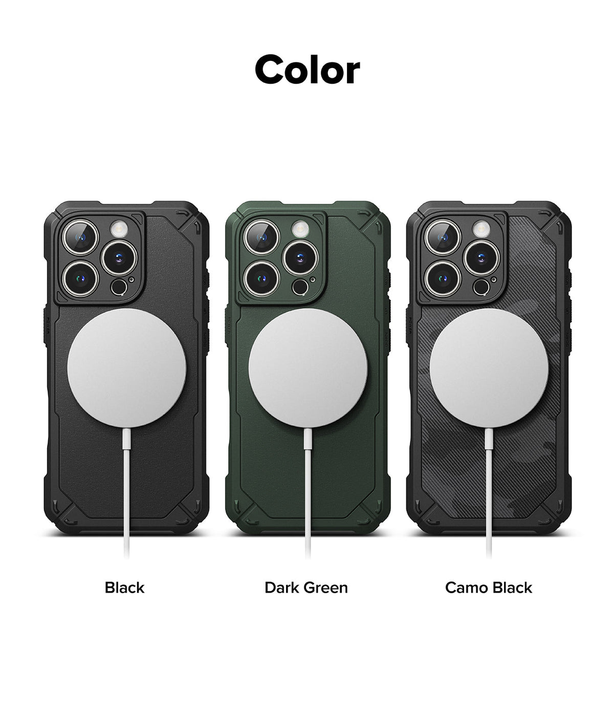 iPhone 16 Pro Case | Rugged Gear Magnetic - Three rugged phone cases in black, dark green, and camo black with MagSafe.