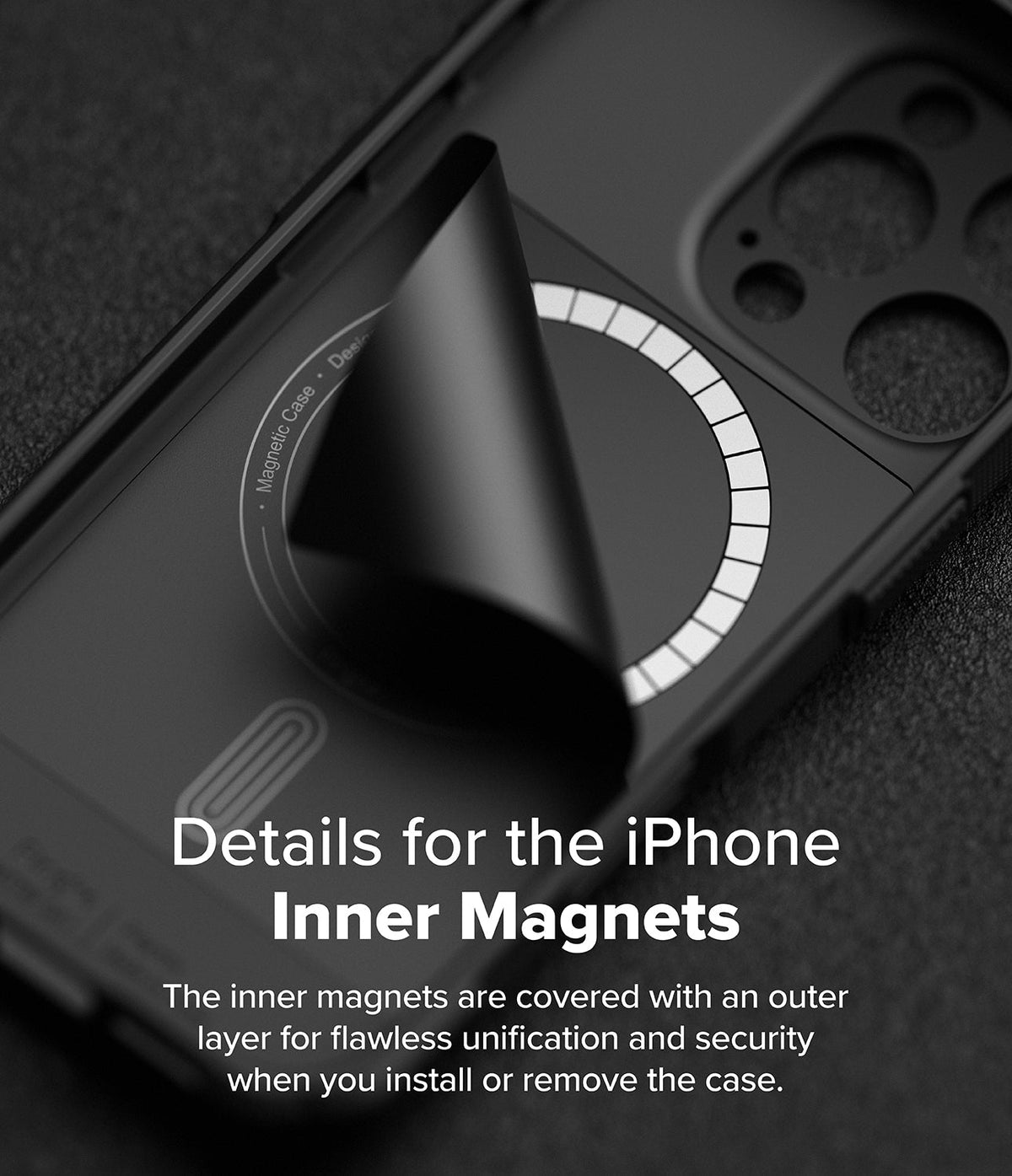 iPhone 16 Pro Case | Rugged Gear Magnetic - Protective layer peeling back to reveal a circular array of MagSafe magnets.