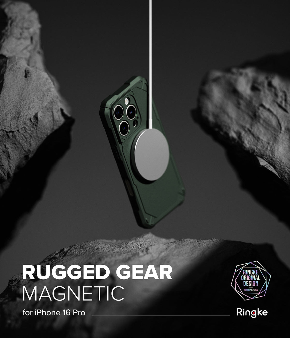 iPhone 16 Pro Case | Rugged Gear Magnetic - Green rugged phone case floating between dark rocks with a magnetic charger.