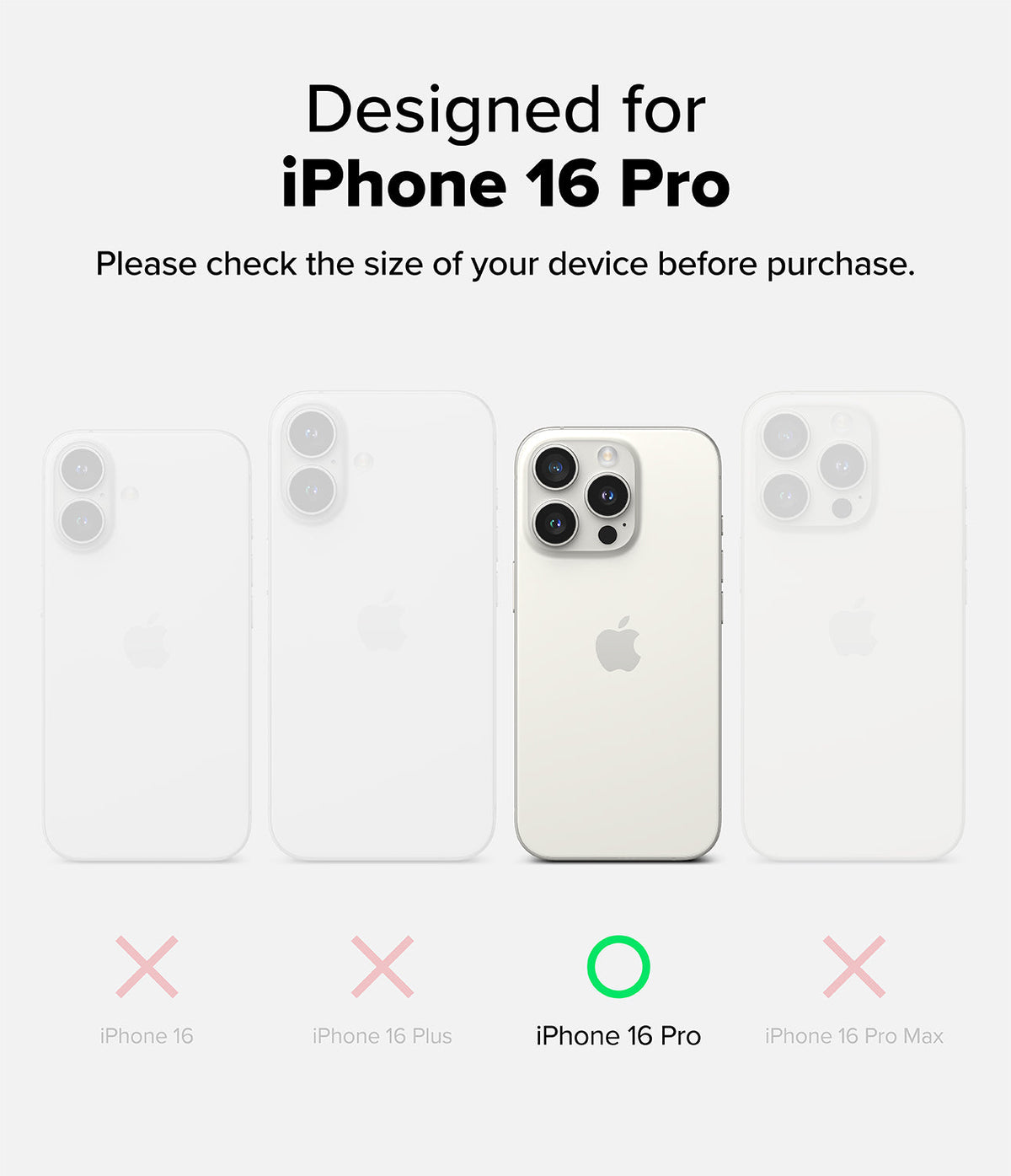 iPhone 16 Pro Case | Rugged Gear Magnetic - Comparison chart showing iPhone 16 Pro highlighted with a green checkmark.