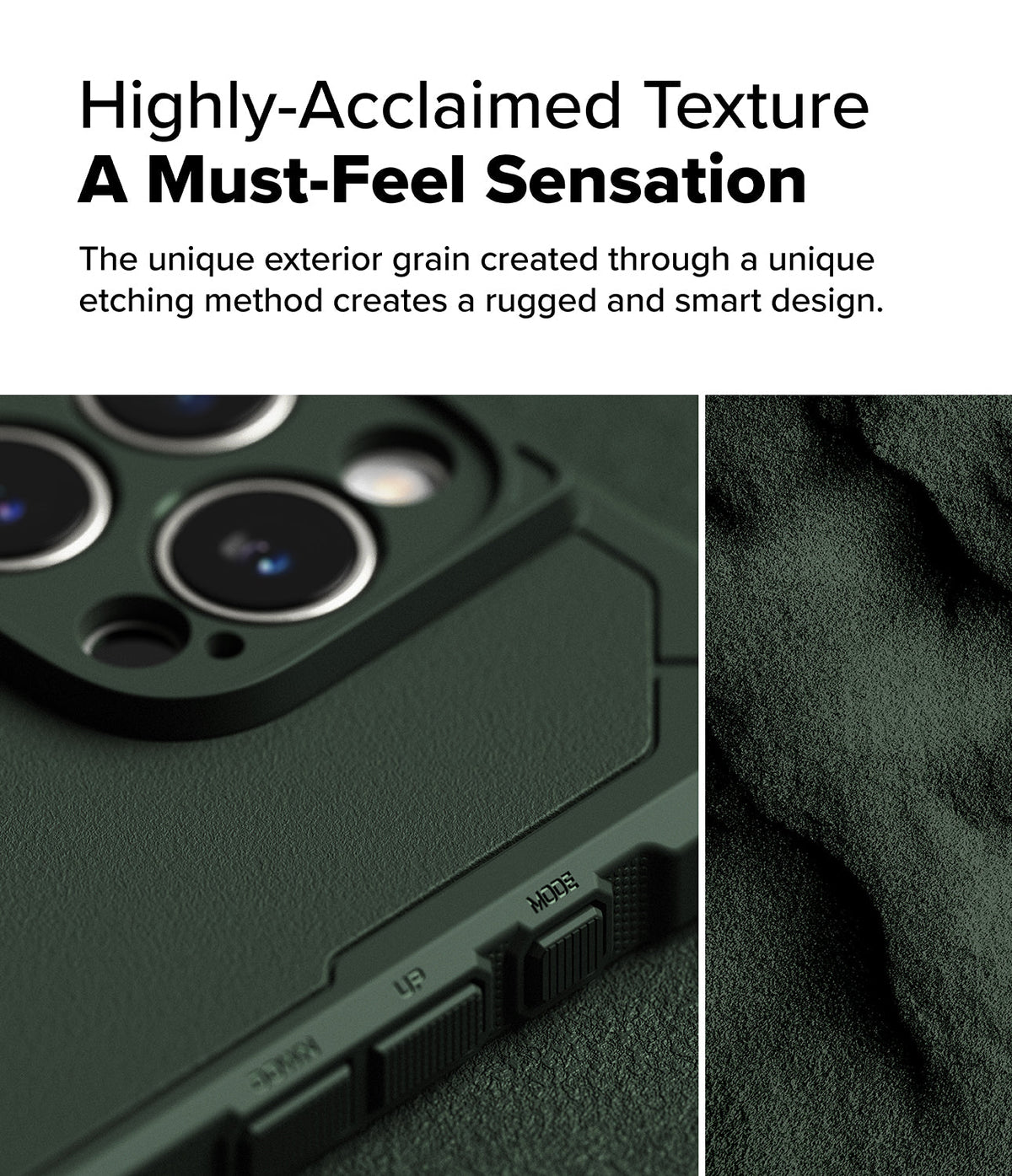 iPhone 16 Pro Case | Rugged Gear Magnetic - Close-up of a dark green phone case showing textured grain and side buttons.
