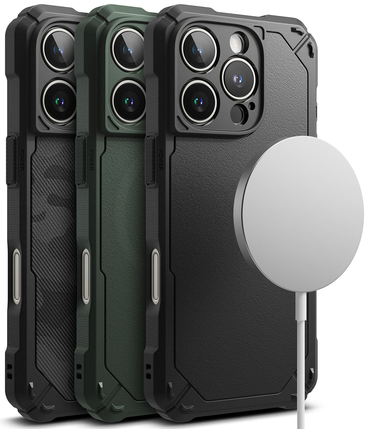 iPhone 16 Pro Case | Rugged Gear Magnetic - Three rugged iPhone 16 Pro cases in black and green with a magnetic charger.