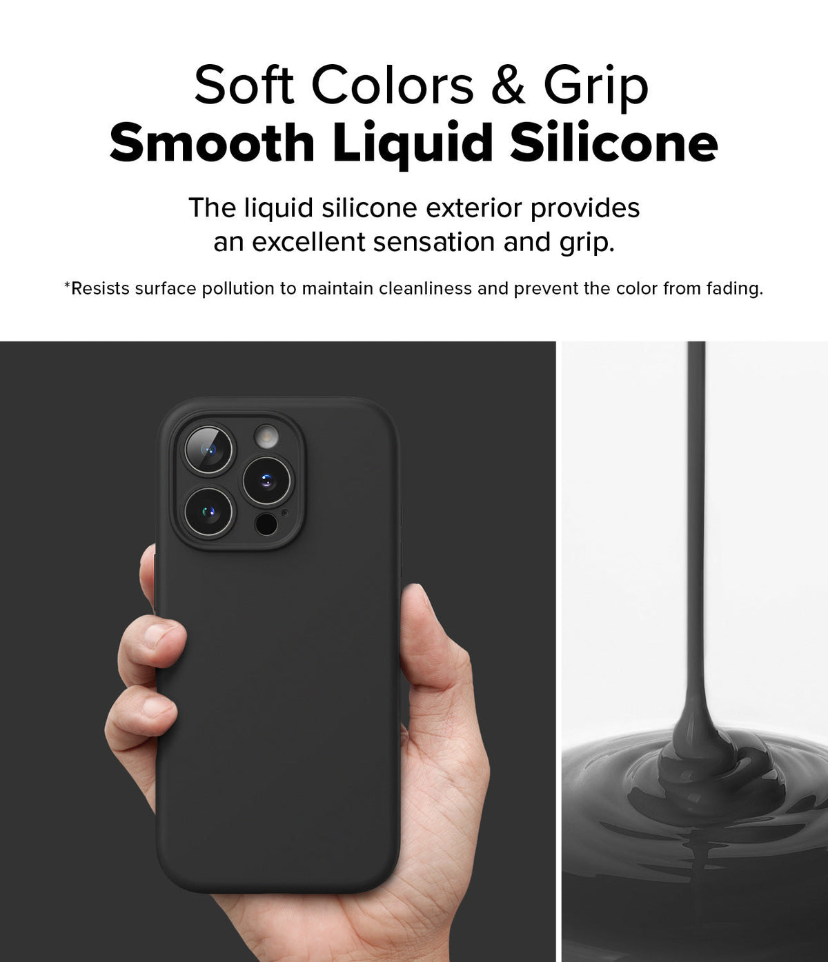 iPhone 16 Pro Case | Silicone Magnetic - Hand holding a black silicone iPhone case next to liquid silicone pouring.