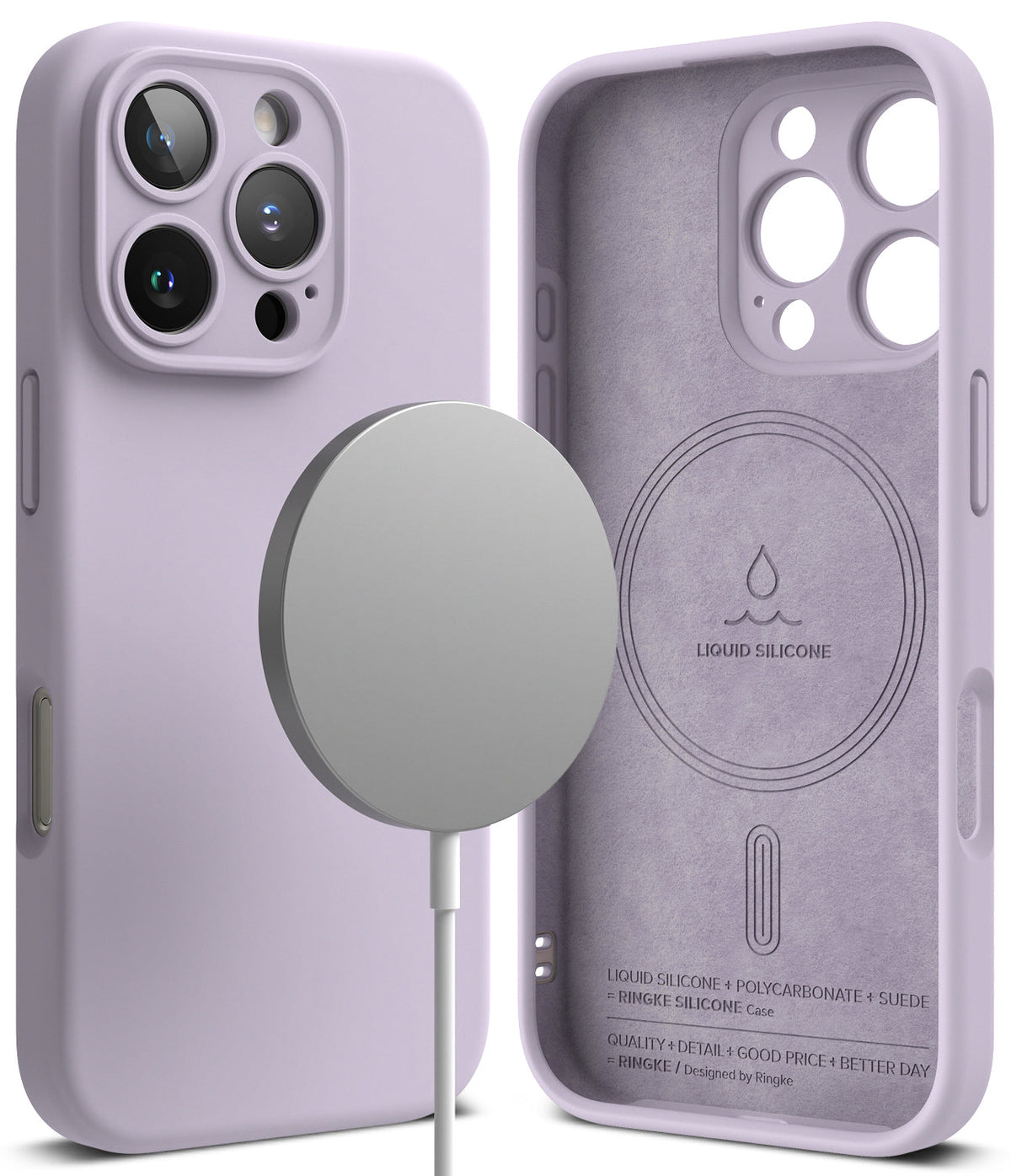 iPhone 16 Pro Case | Silicone Magnetic - Lavender silicone case for iPhone 16 Pro with magnetic charger and suede interior.