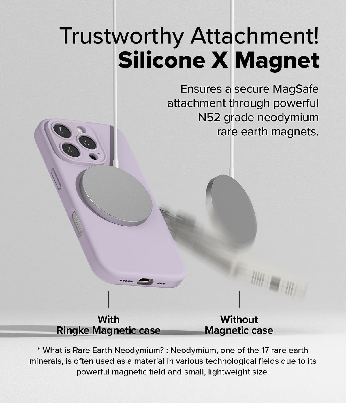 iPhone 16 Pro Case | Silicone Magnetic - A lavender iPhone 16 Pro case securely attached to a MagSafe charger.