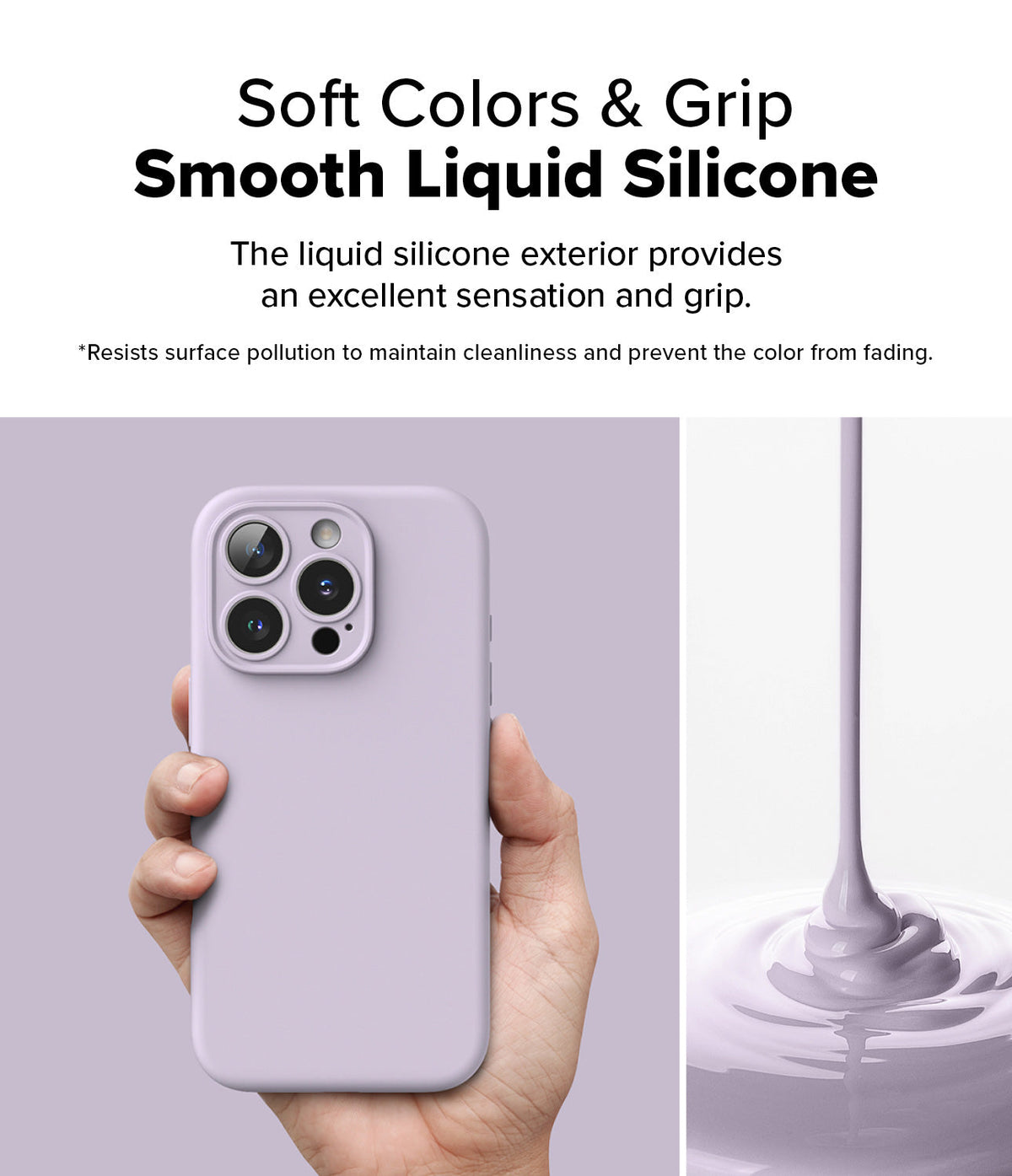 iPhone 16 Pro Case | Silicone Magnetic - A hand holding a light purple silicone iPhone case next to liquid silicone pouring.