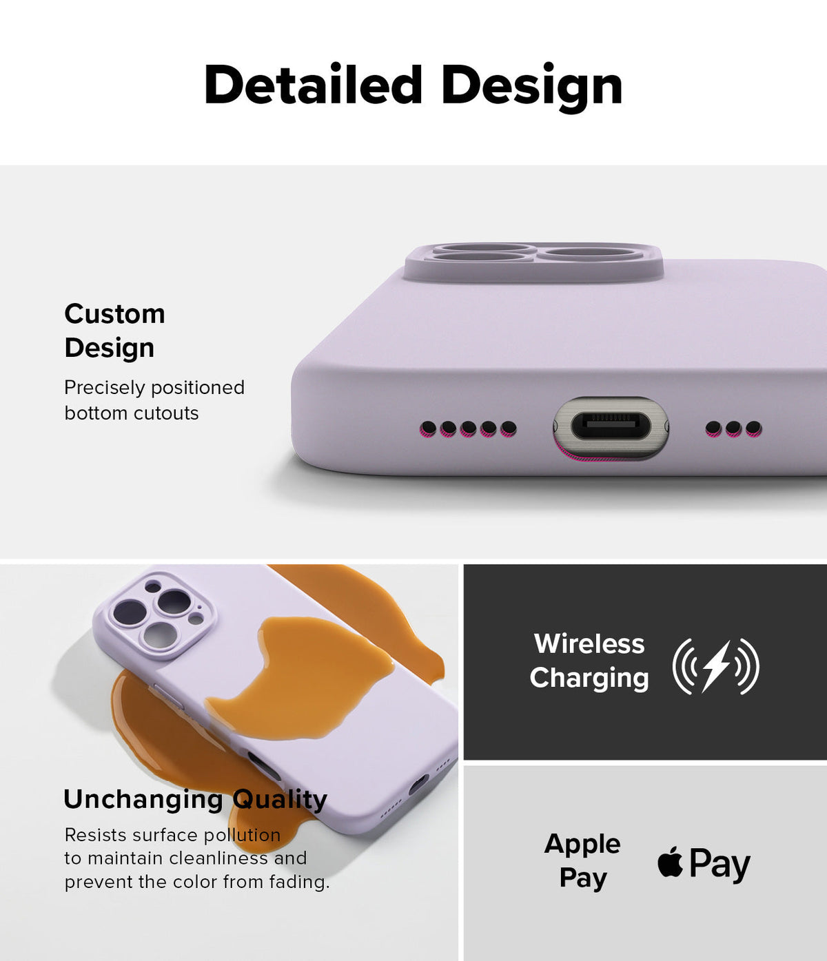 iPhone 16 Pro Case | Silicone Magnetic - Close-up of lavender phone case showing bottom cutouts, spill resistance, and icons.
