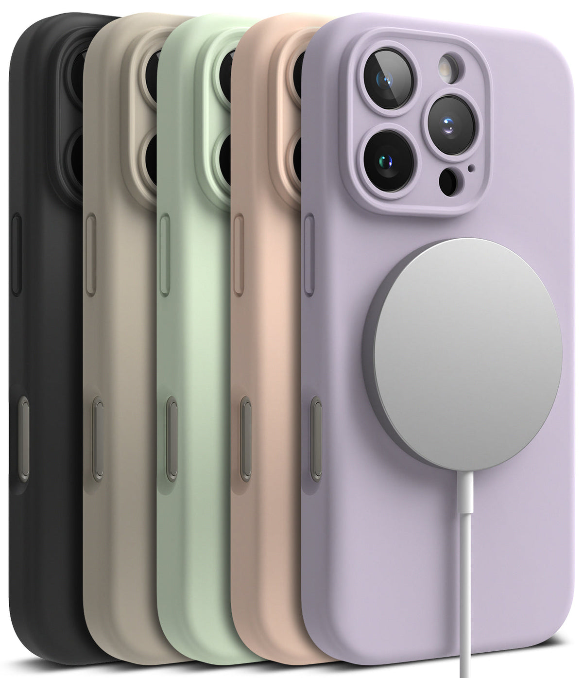 iPhone 16 Pro Case | Silicone Magnetic - Five iPhone 16 Pro silicone cases in various colors with a magnetic charger attached.