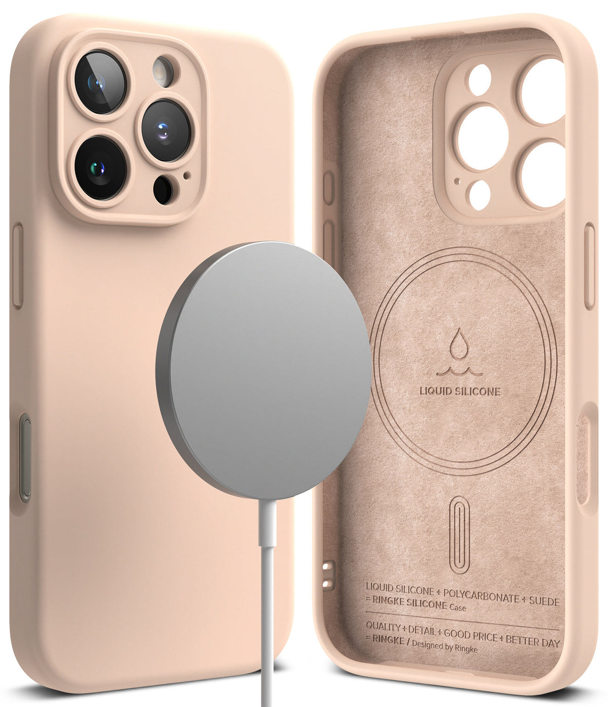 iPhone 16 Pro Case | Silicone Magnetic - Beige silicone case with magnetic charger and suede-lined interior view.