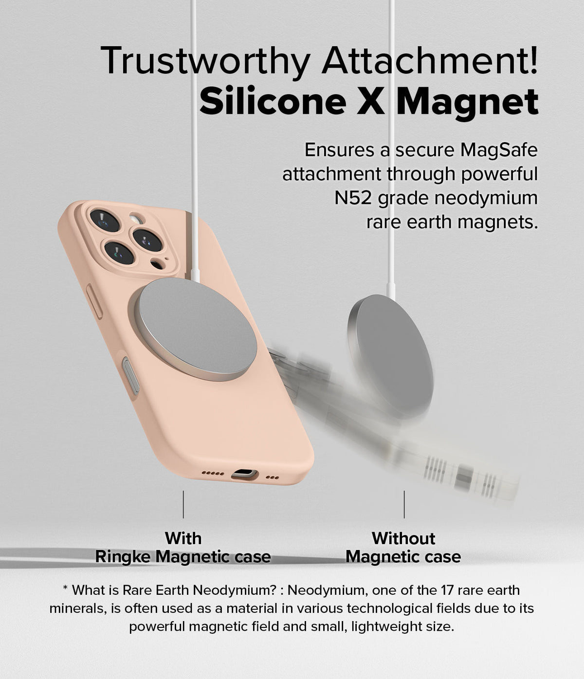 iPhone 16 Pro Case | Silicone Magnetic - A beige phone case securely attached to a MagSafe charger versus one falling off.