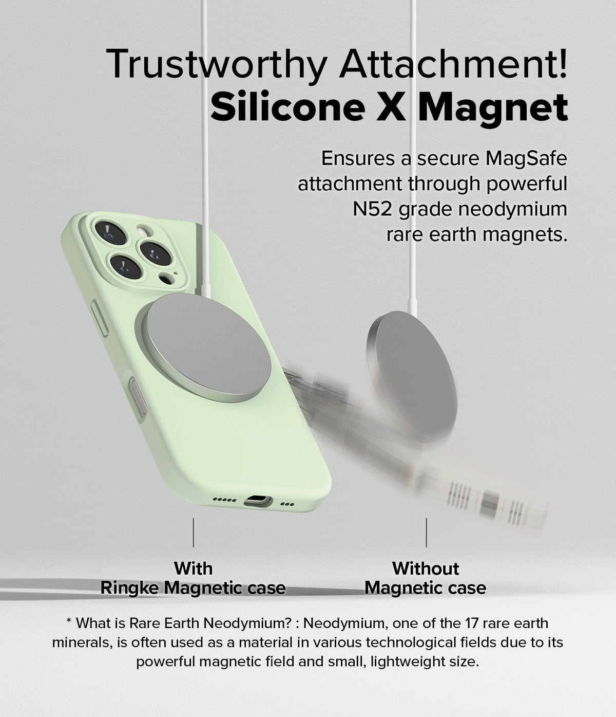 iPhone 16 Pro Case | Silicone Magnetic - A light green phone case with a magnetic charger attached versus a falling one.