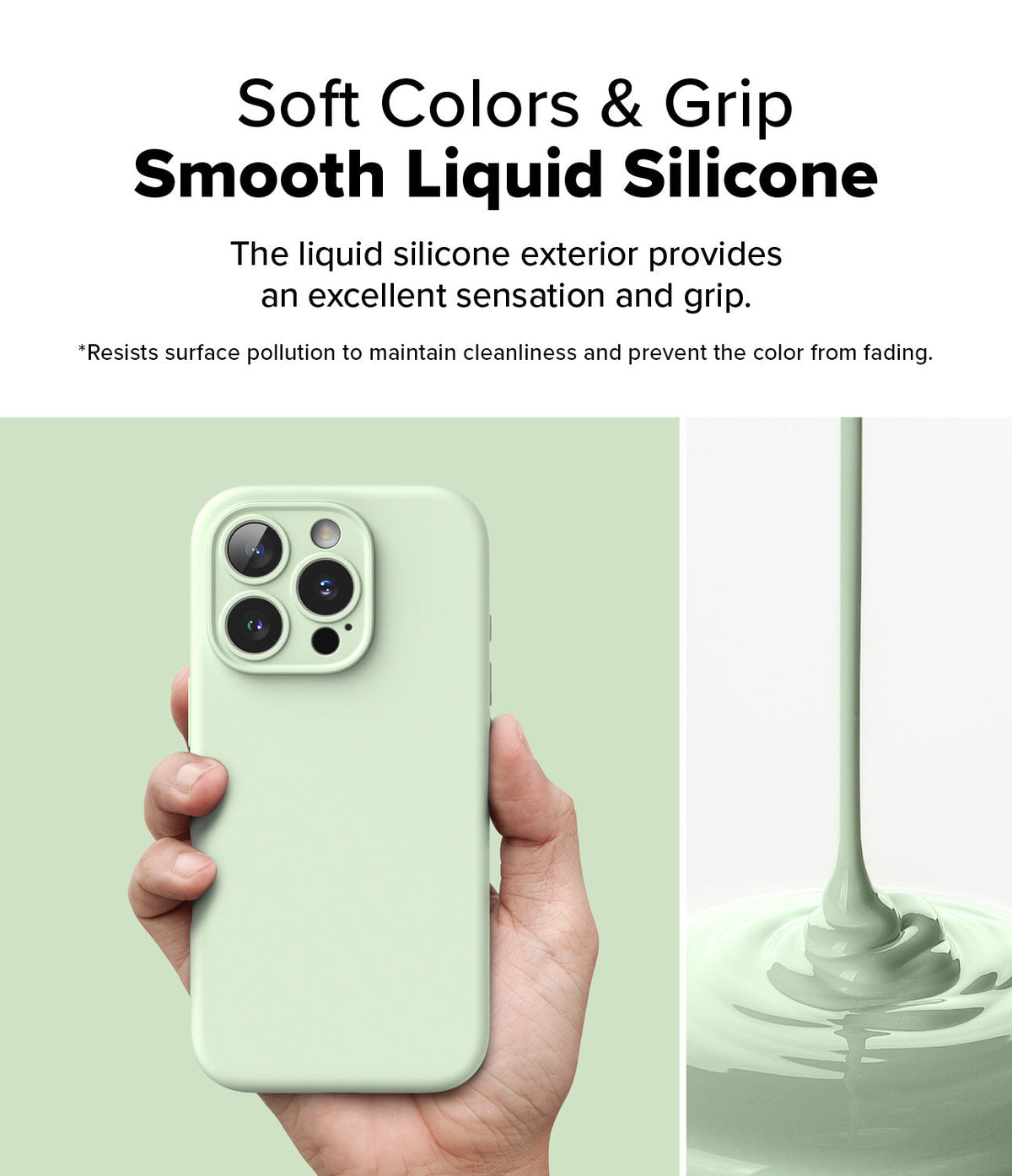 iPhone 16 Pro Max Case | Silicone Magnetic - Hand holding a sage green silicone phone case next to liquid silicone.