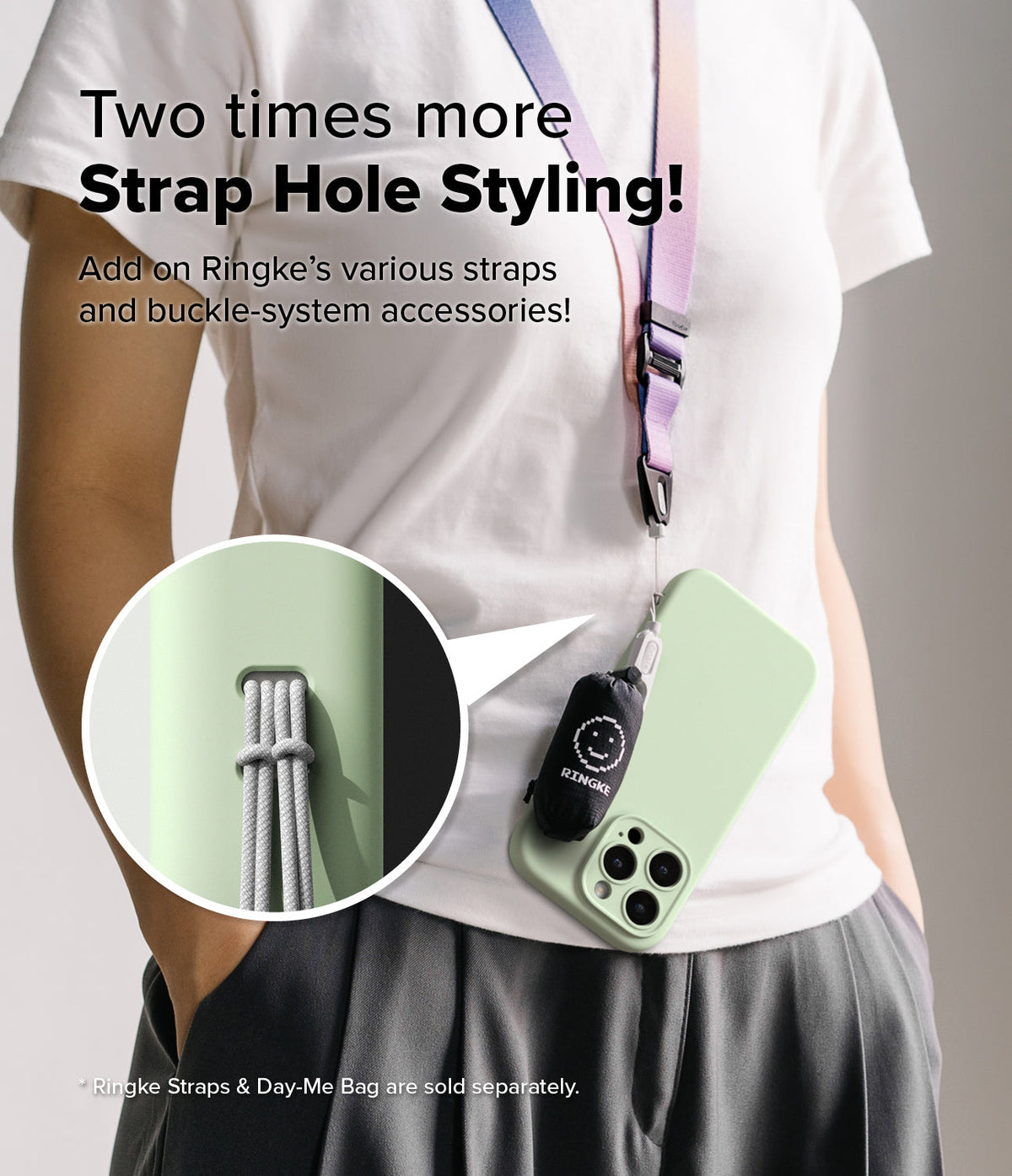 iPhone 16 Pro Case | Silicone Magnetic - Person wearing a light green phone case with a lanyard and small accessory bag attached.