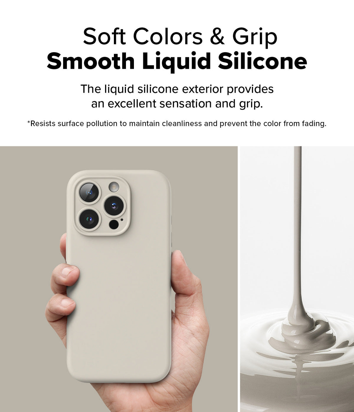 iPhone 16 Pro Case | Silicone Magnetic - Hand holding a beige silicone iPhone case next to liquid silicone pouring.