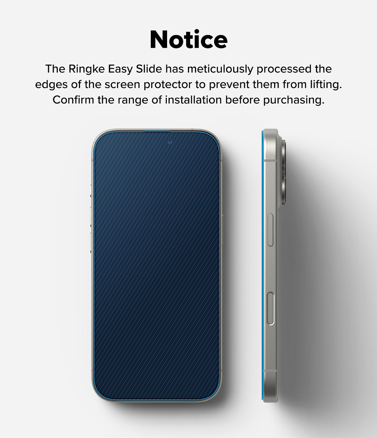 iPhone 16 Pro Screen Protector | Easy Slide Privacy Tempered Glass - iPhone 16 Pro Screen Protector - Front and side views of an iPhone 16 Pro showing the screen protector edge coverage.