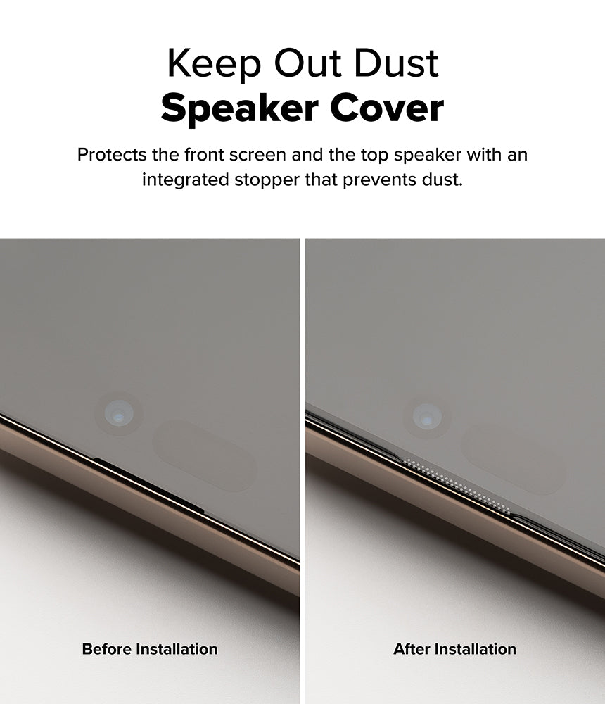 iPhone 16 Pro Screen Protector | Easy Slide Tempered Glass - iPhone 16 Pro Screen Protector - Comparison showing the phone speaker before and after installing a dust-proof screen cover.