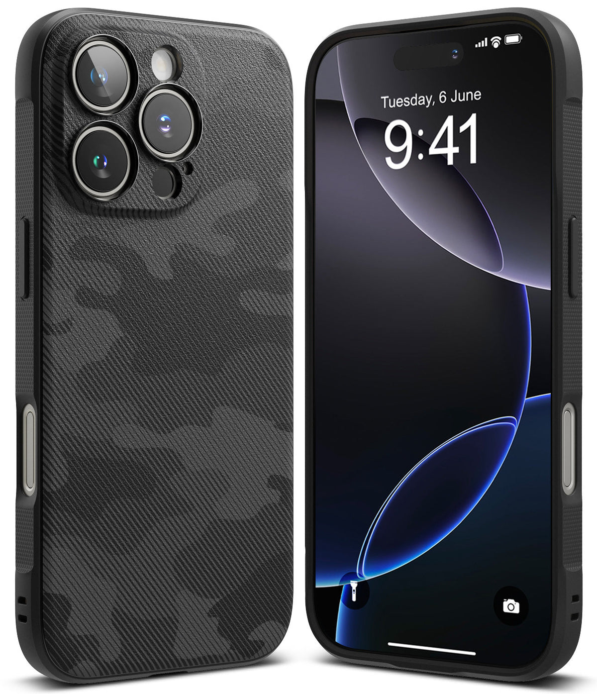 iPhone 16 Pro Case | Onyx - Black textured camouflage phone case shown from back and front with a digital clock display.