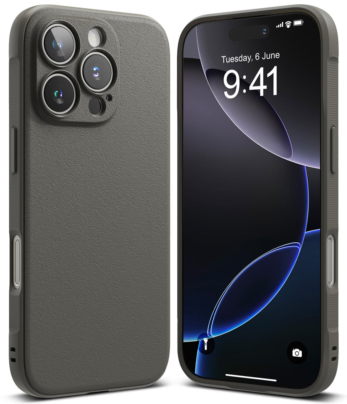 iPhone 16 Pro Case | Onyx - Matte dark gray textured iPhone 16 Pro case shown from back and front with a black screen display.