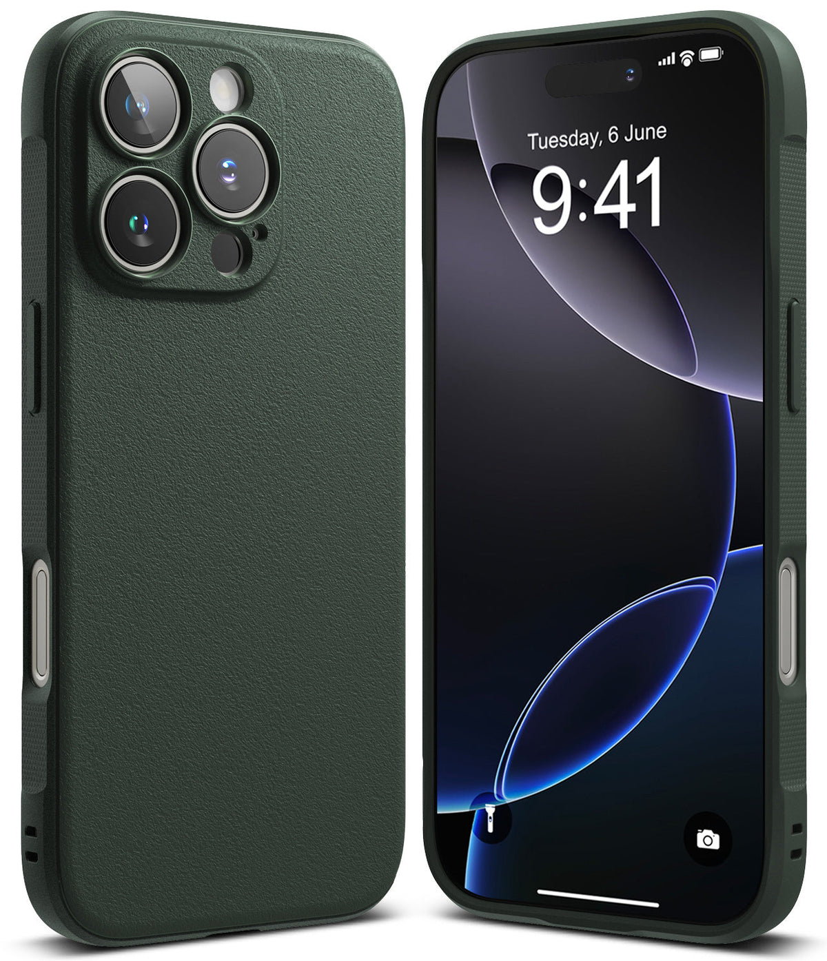 iPhone 16 Pro Case | Onyx - Dark green textured phone case shown from the back and front with a digital clock display.