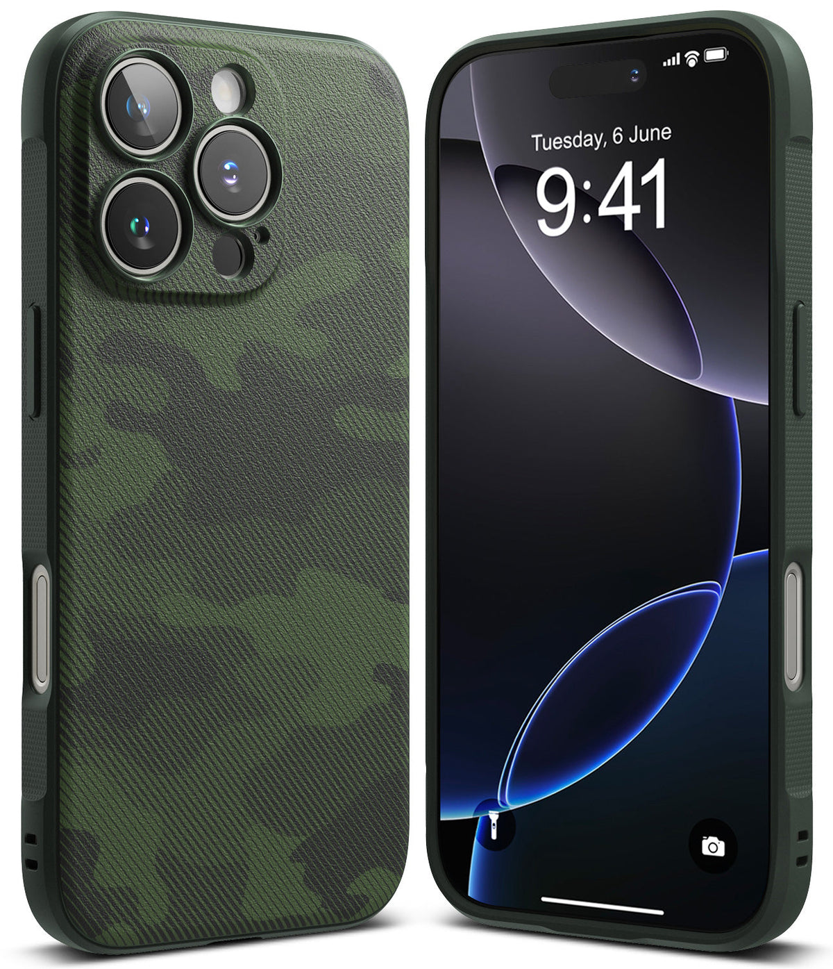 iPhone 16 Pro Case | Onyx - Green camouflage textured phone case shown from back and front views on an iPhone 16 Pro.