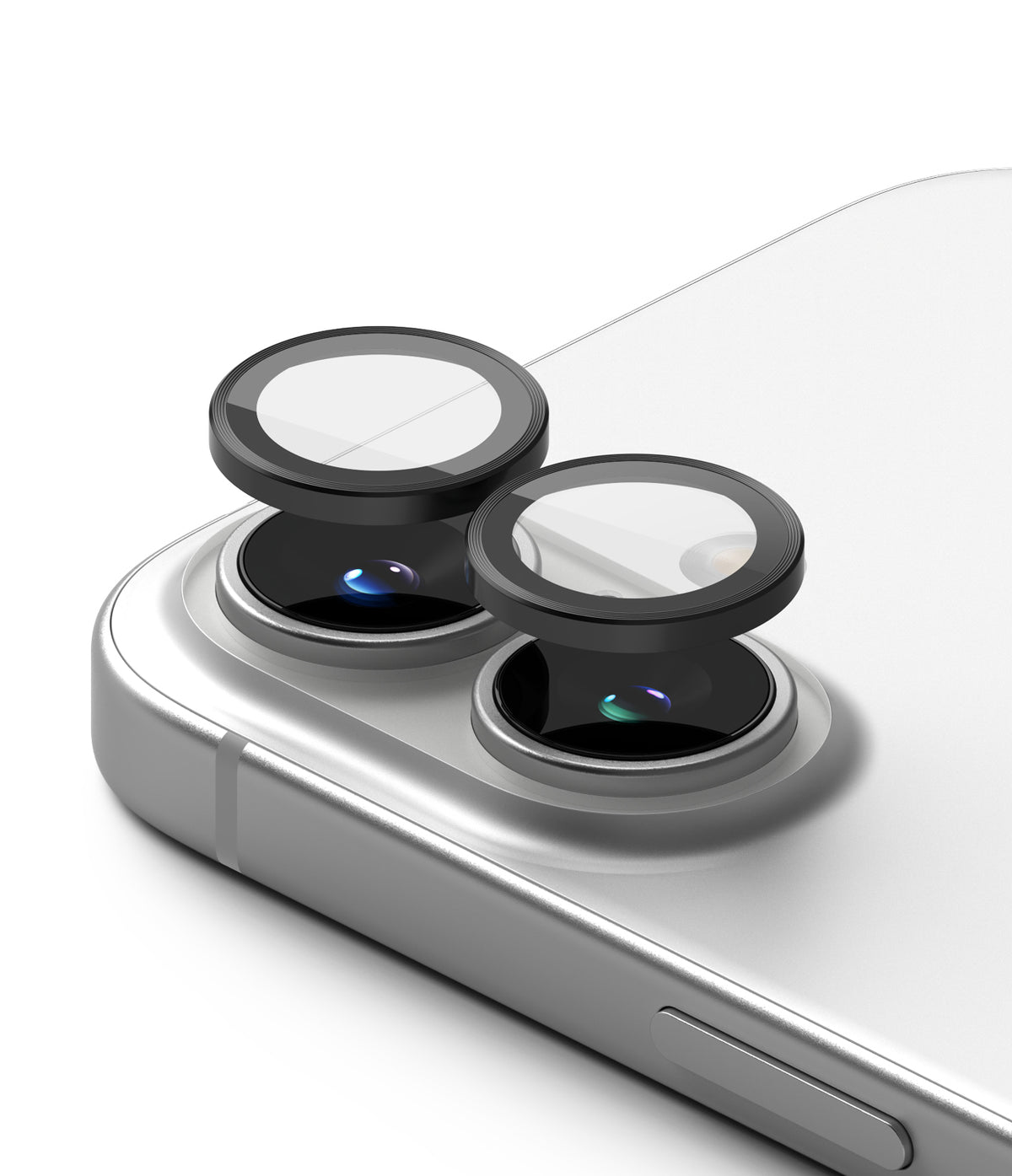 iPhone 16 Plus / 16 | Camera Lens Frame Glass - iPhone 16 Plus / 16 Camera Lens Frame Glass - Two black protective glass rings hovering above iPhone camera lenses.