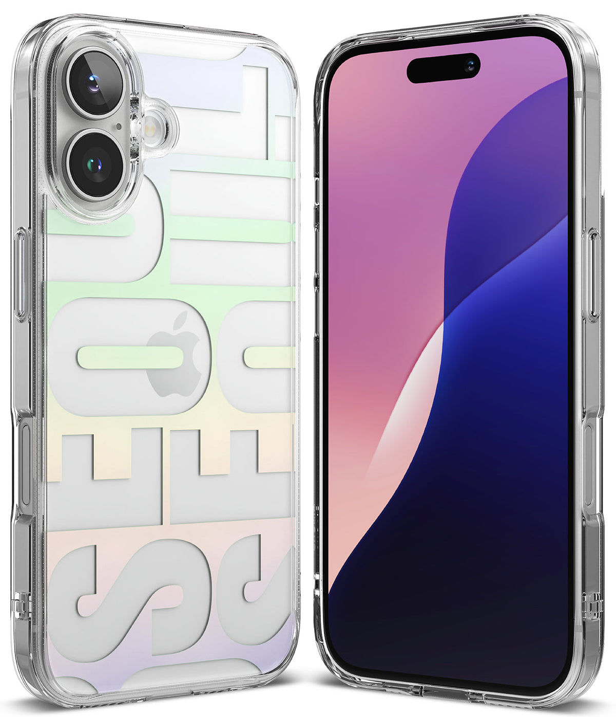 iPhone 16 Case | Fusion Design - Clear phone case with pastel gradient typography over an iPhone 16 back and front view.