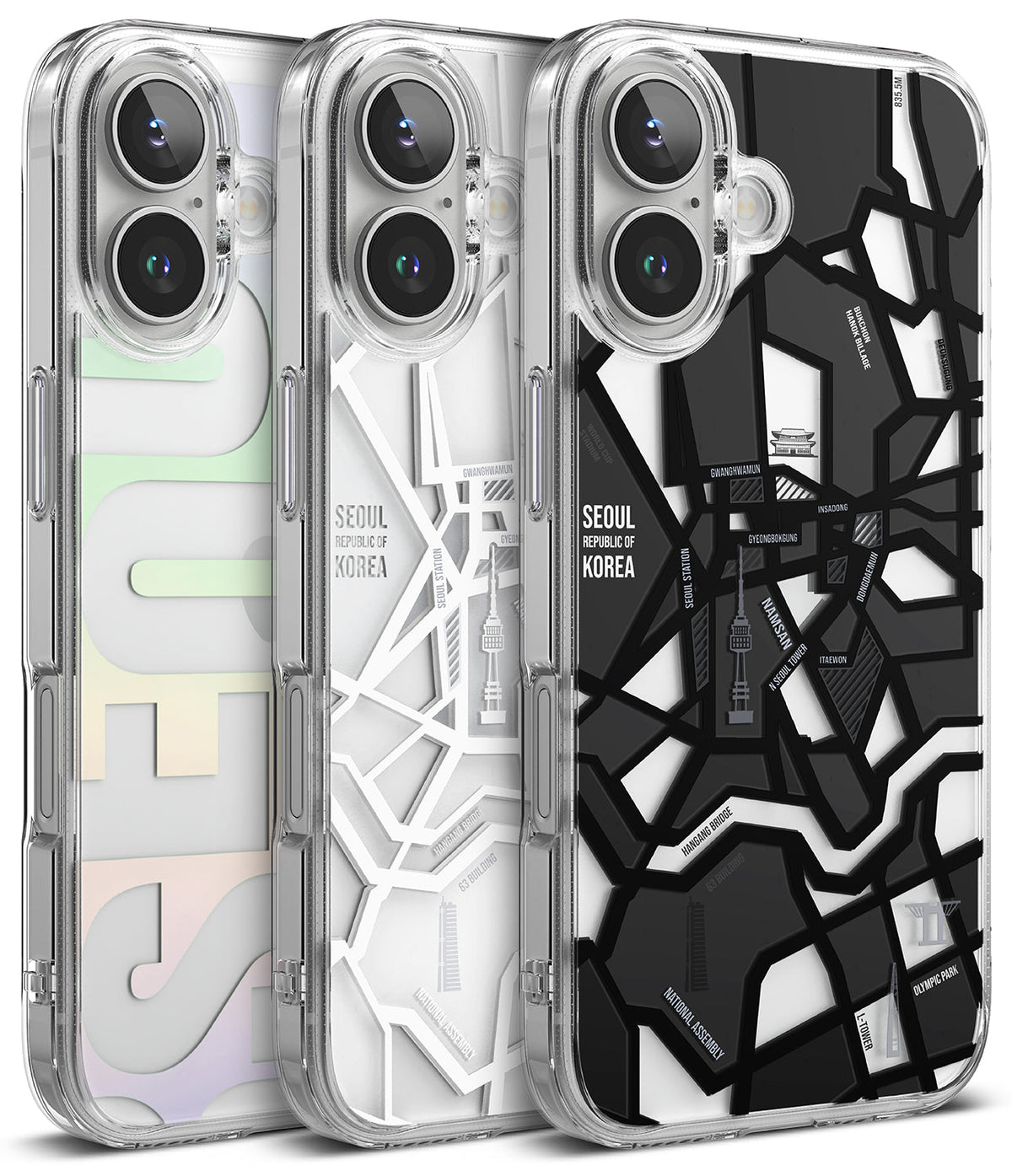 iPhone 16 Case | Fusion Design - Three clear iPhone 16 cases featuring Seoul-themed graphic prints in pastel, white, and black.
