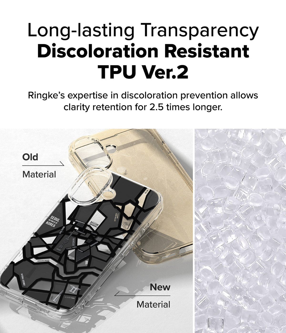 iPhone 16 Case | Fusion Design - Comparison of yellowed old TPU material versus clear new TPU material for phone cases.